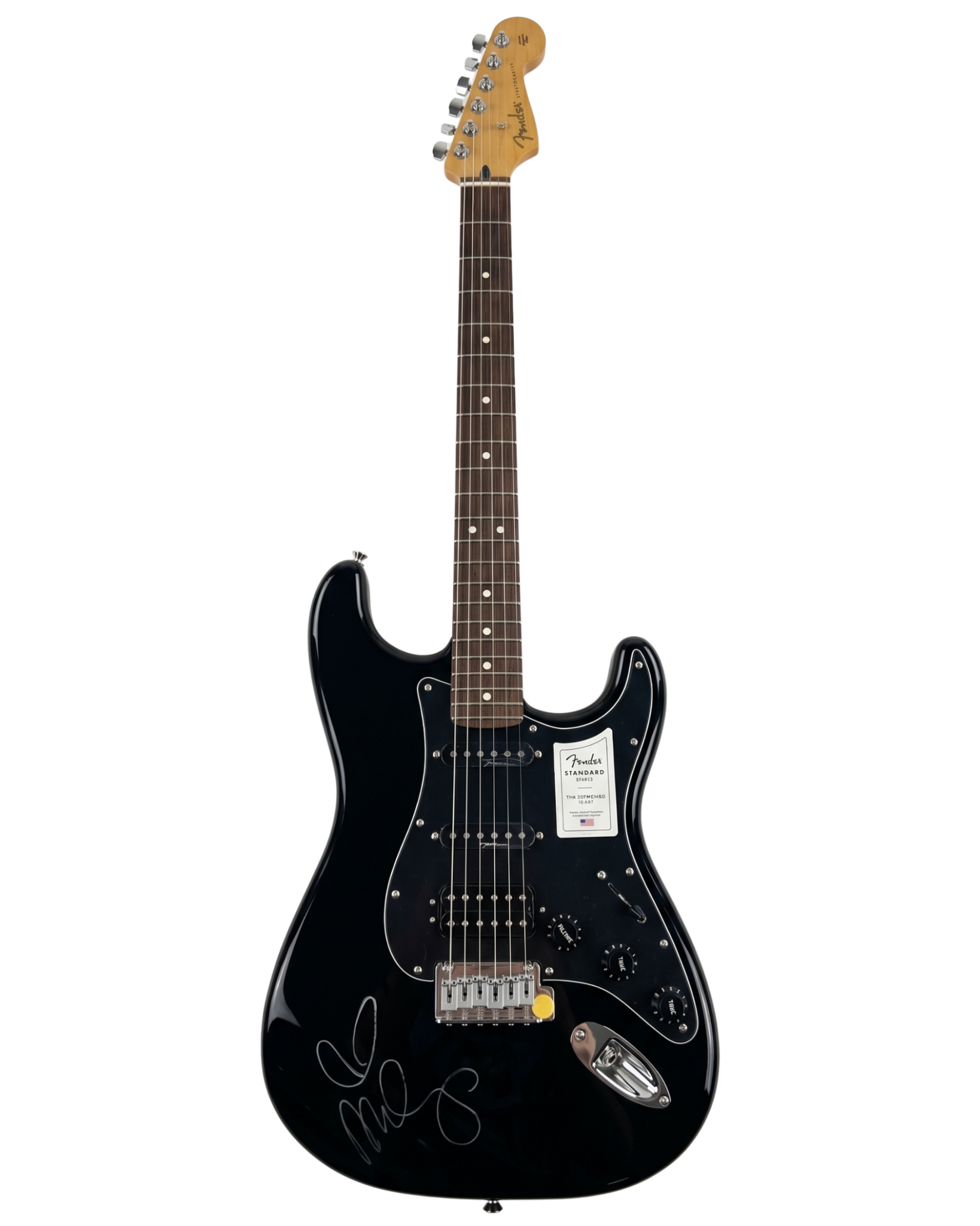 Black Fender electric guitar signed by Miley